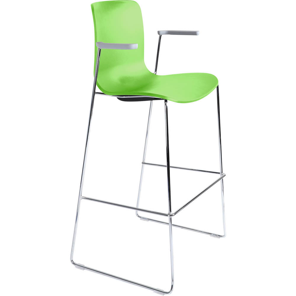 DAL ACTI BAR STOOL SLED BASE HIGH 760MM ARMS LIGHT GREY ARM-PADS AND CHROME FRAME GREEN POLYPROP SHELL