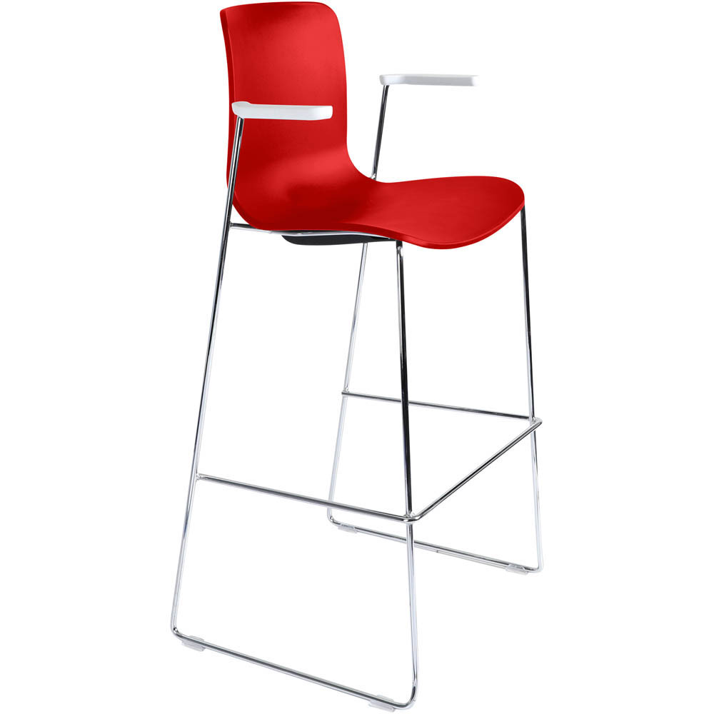 DAL ACTI BAR STOOL SLED BASE HIGH 760MM ARMS WHITE ARM-PADS AND CHROME FRAME RED POLYPROP SHELL