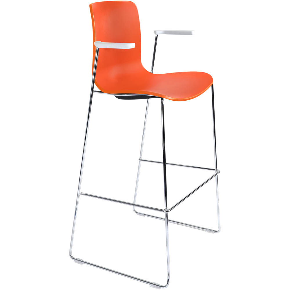 DAL ACTI BAR STOOL SLED BASE HIGH 760MM ARMS WHITE ARM-PADS AND CHROME FRAME ORANGE POLYPROP SHELL