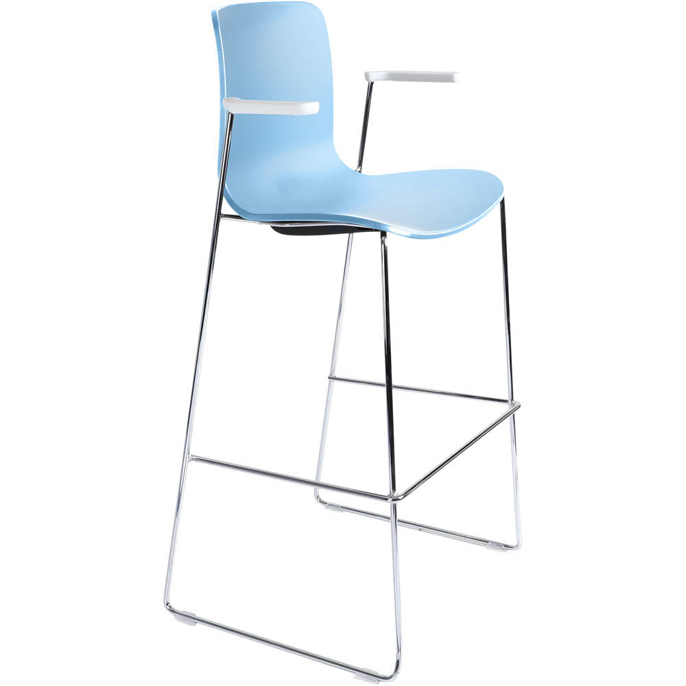 DAL ACTI BAR STOOL SLED BASE HIGH 760MM ARMS WHITE ARM-PADS AND CHROME FRAME PALE BLUE POLYPROP SHELL