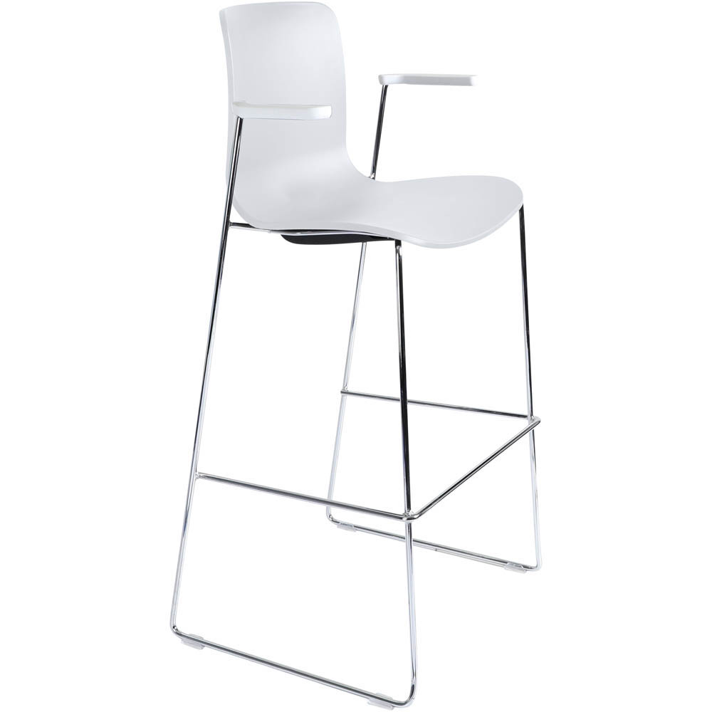 DAL ACTI BAR STOOL SLED BASE HIGH 760MM ARMS WHITE ARM-PADS AND CHROME FRAME WHITE POLYPROP SHELL