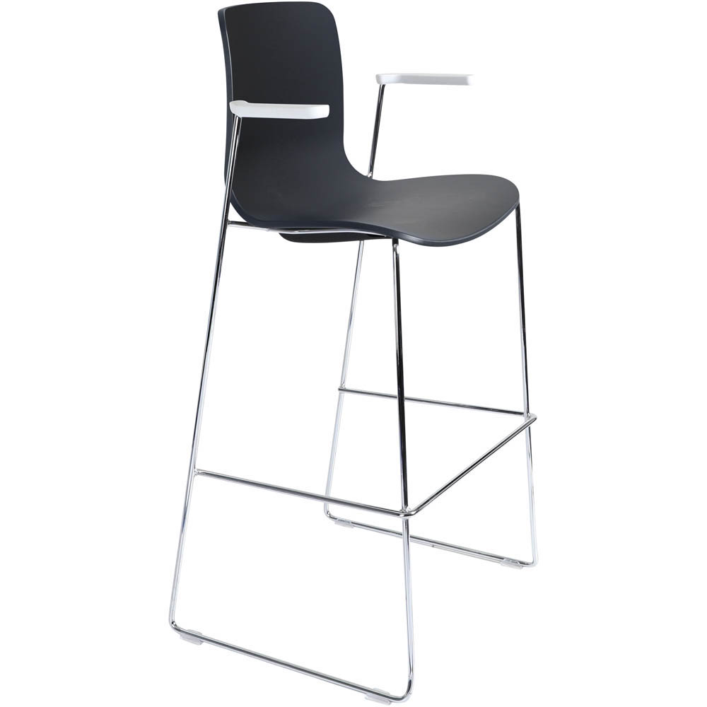 DAL ACTI BAR STOOL SLED BASE HIGH 760MM ARMS WHITE ARM-PADS AND CHROME FRAME CHARCOAL POLYPROP SHELL