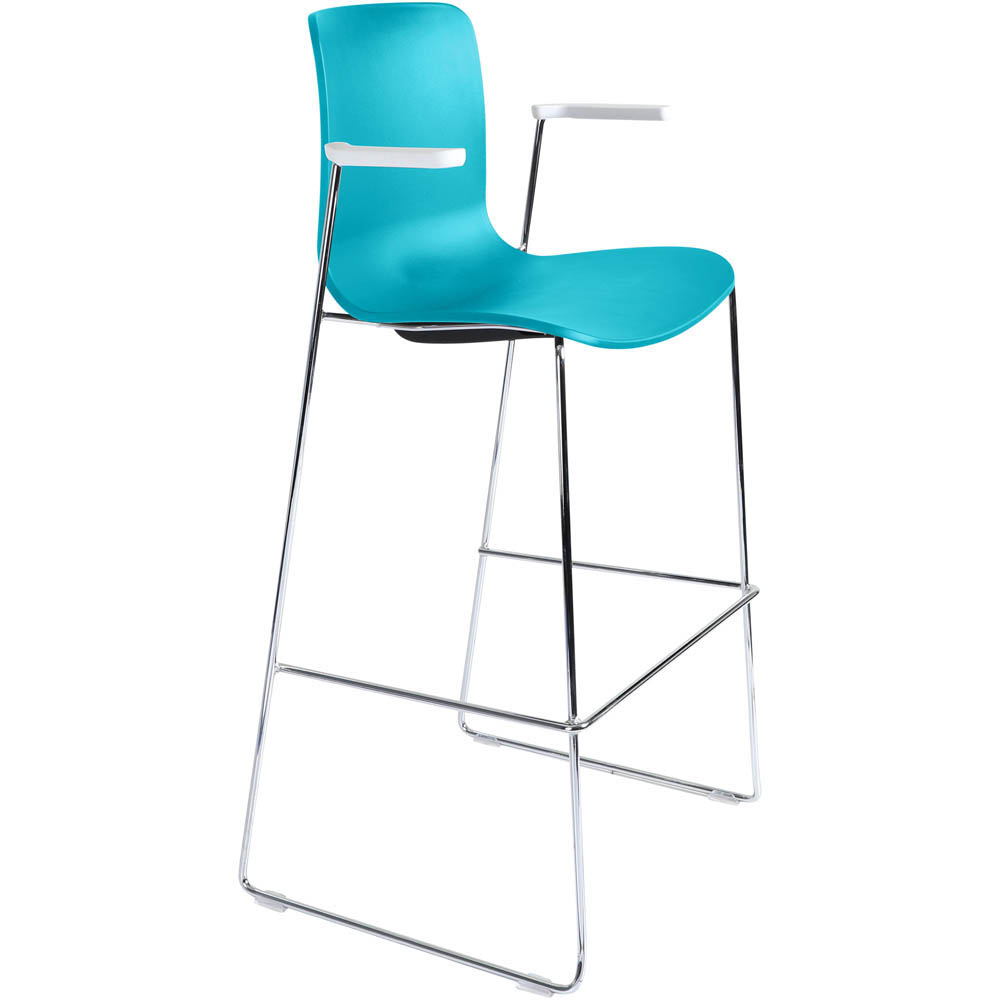DAL ACTI BAR STOOL SLED BASE HIGH 760MM ARMS WHITE ARM-PADS AND CHROME FRAME TEAL POLYPROP SHELL