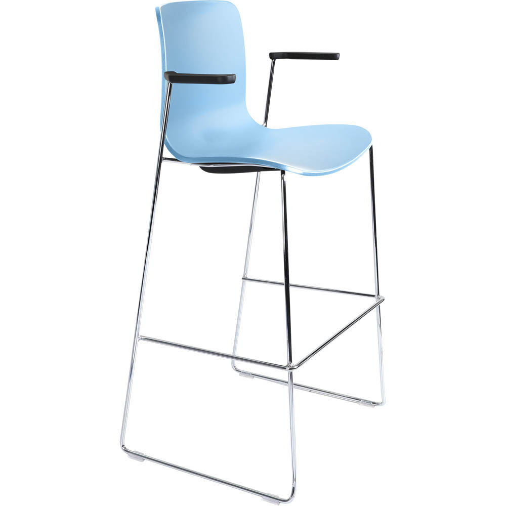 DAL ACTI BAR STOOL SLED BASE HIGH 760MM ARMS BLACK ARM-PADS AND CHROME FRAME PALE BLUE POLYPROP SHELL