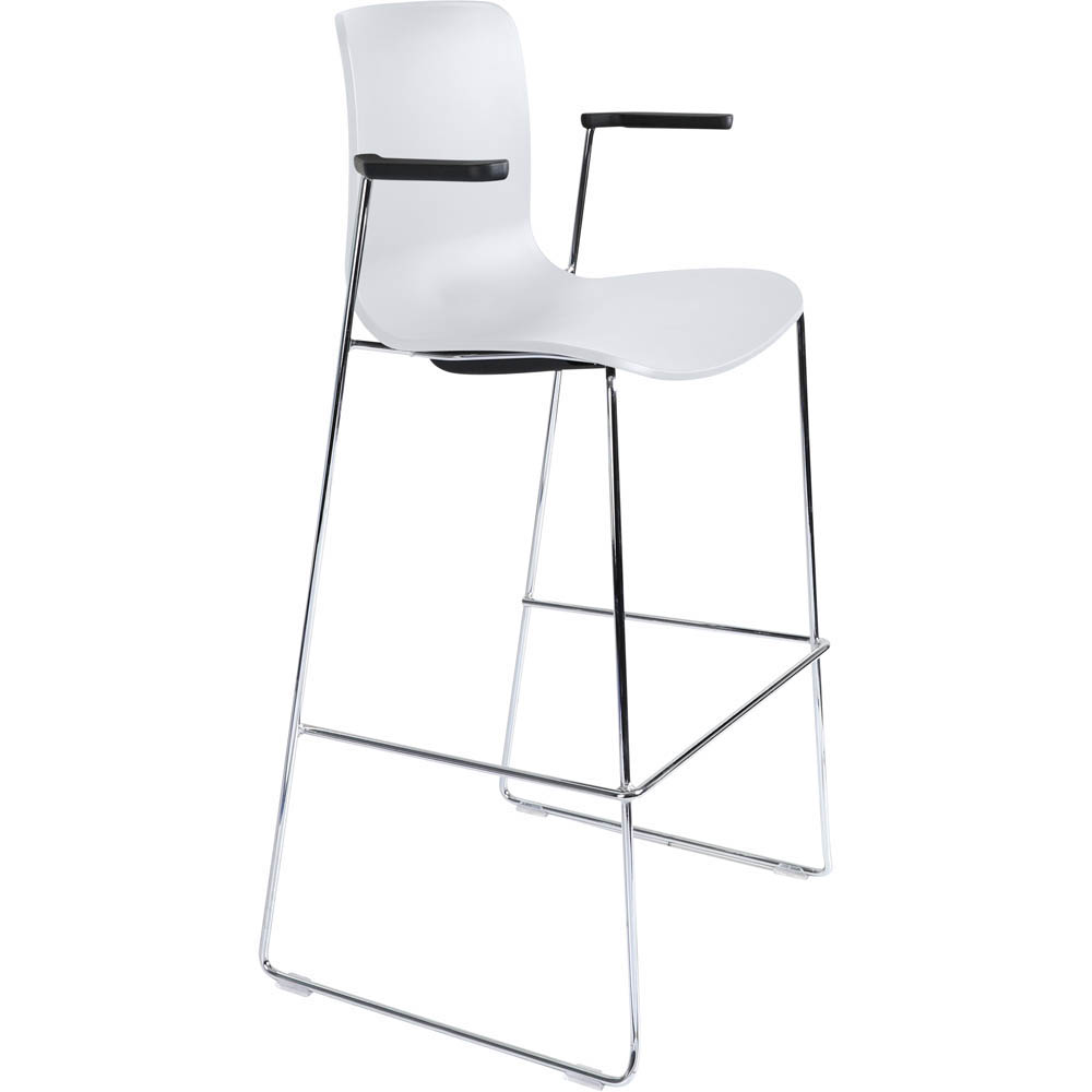 DAL ACTI BAR STOOL SLED BASE HIGH 760MM ARMS BLACK ARM-PADS AND CHROME FRAME WHITE POLYPROP SHELL