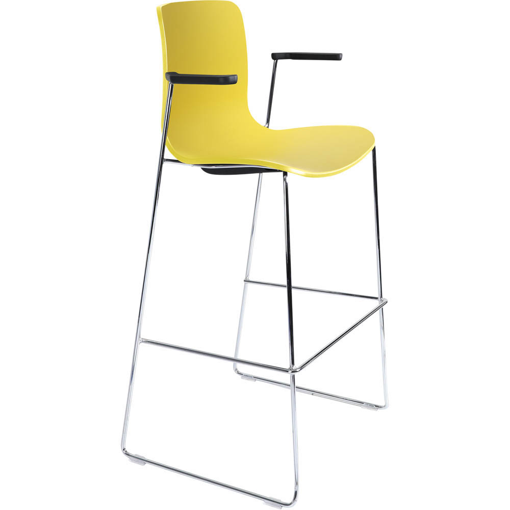 DAL ACTI BAR STOOL SLED BASE HIGH 760MM ARMS BLACK ARM-PADS AND CHROME FRAME YELLOW POLYPROP SHELL