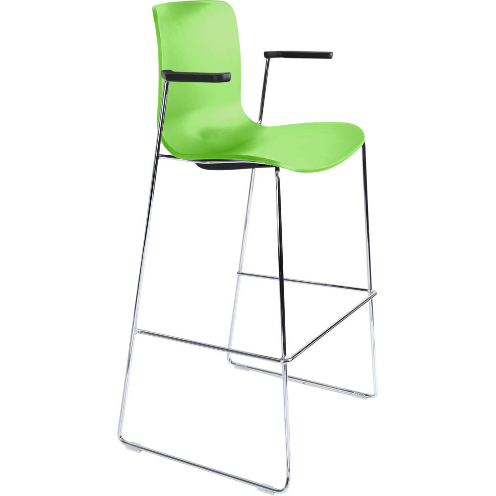 DAL ACTI BAR STOOL SLED BASE HIGH 760MM ARMS BLACK ARM-PADS AND CHROME FRAME GREEN POLYPROP SHELL
