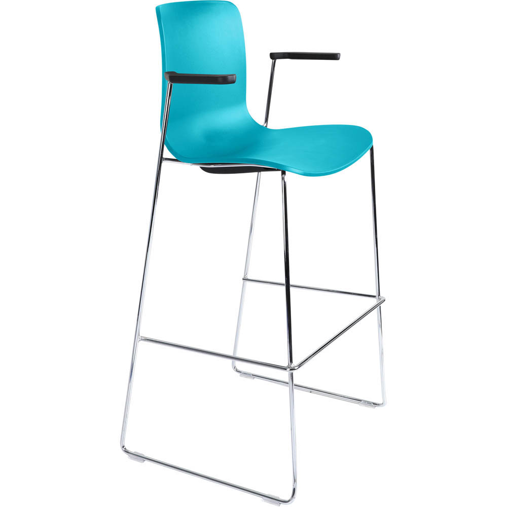 DAL ACTI BAR STOOL SLED BASE HIGH 760MM ARMS BLACK ARM-PADS AND CHROME FRAME TEAL POLYPROP SHELL