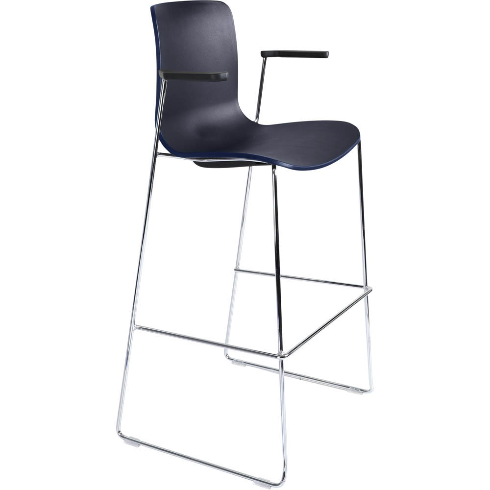 DAL ACTI BAR STOOL SLED BASE HIGH 760MM ARMS BLACK ARM-PADS AND CHROME FRAME NAVY BLUE POLYPROP SHELL
