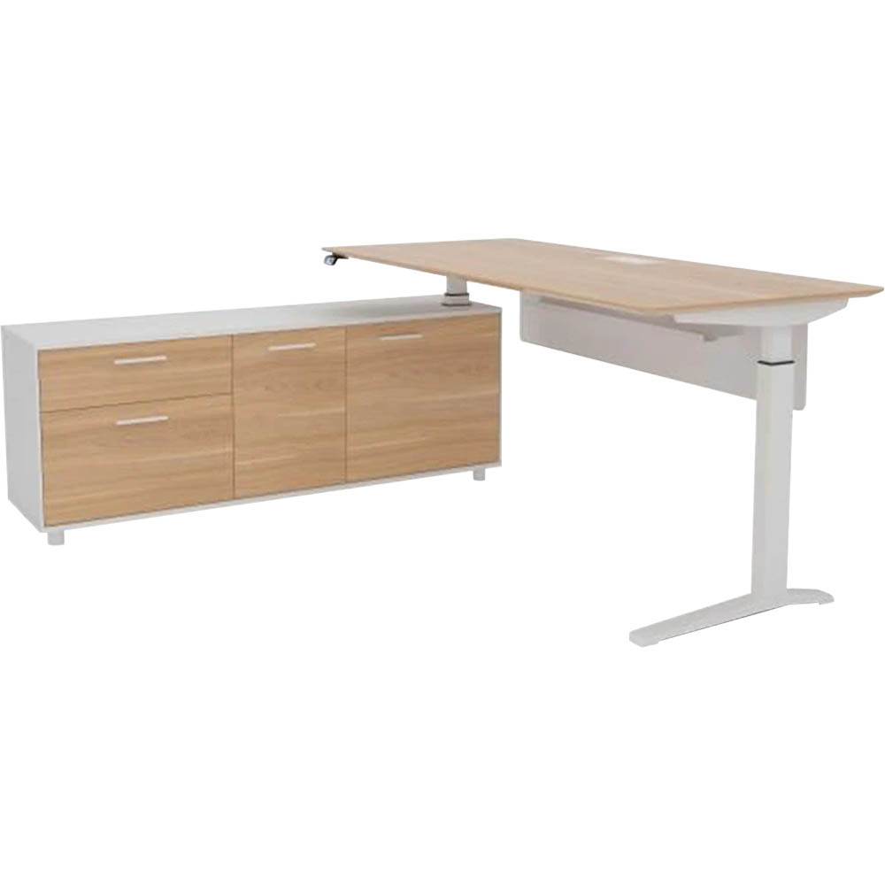 POTENZA EXECUTIVE ELECTRIC HEIGHT ADJUSTABLE DESK WITH LEFT HAND SIDE BUFFET 2000 X 1820MM VIRGINIA WALNUT/WHITE