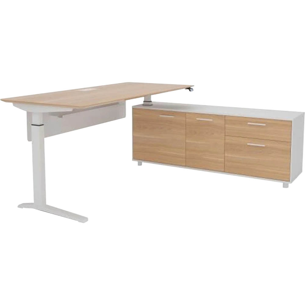 POTENZA EXECUTIVE ELECTRIC HEIGHT ADJUSTABLE DESK WITH RIGHT HAND SIDE BUFFET 2000 X 1820MM VIRGINIA WALNUT/WHITE