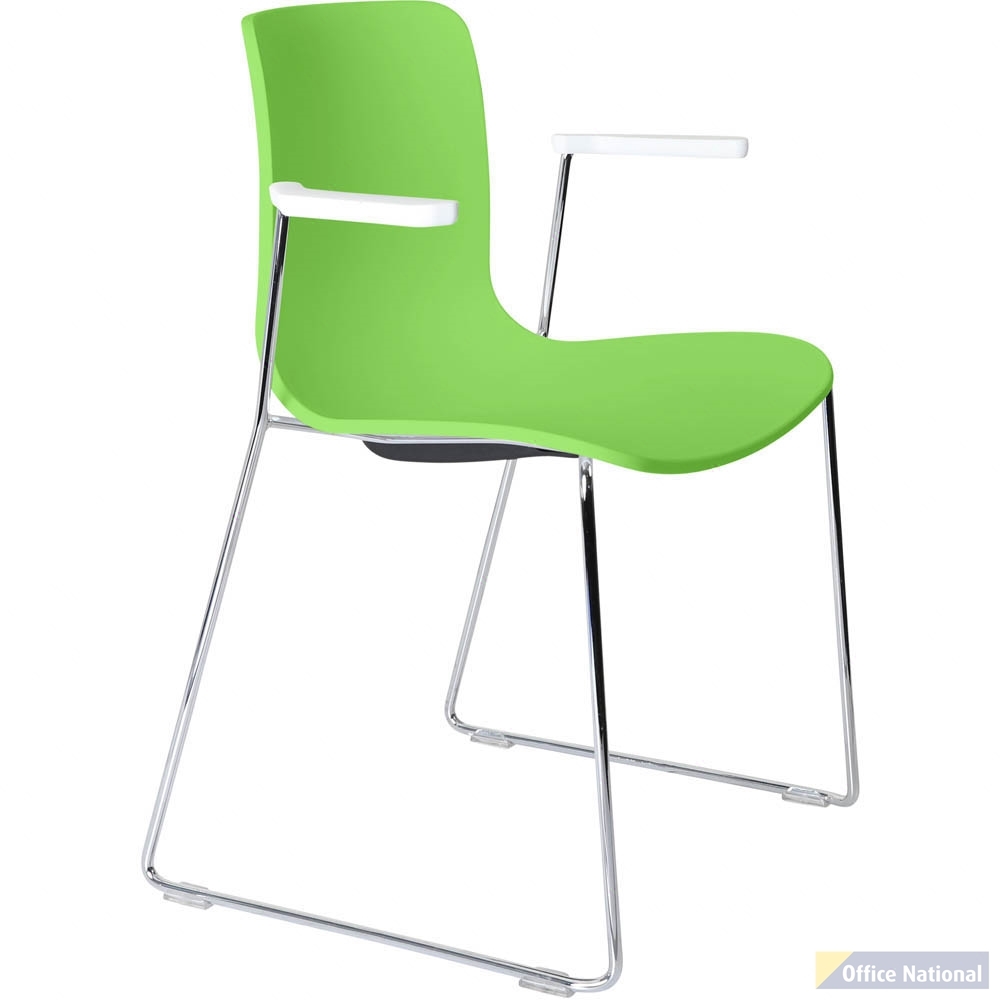 DAL ACTI CHAIR SLED BASE ARMS WHITE ARM-PADS AND CHROME FRAME GREEN POLYPROP SHELL
