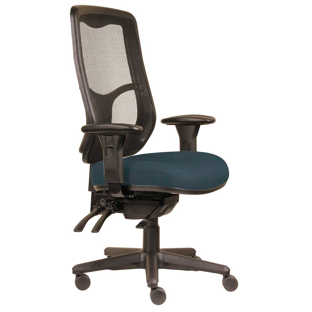 DAL ERGOSELECT SWIFT ERGONOMIC CHAIR HIGH MESH BACK 3 LEVER SEAT SLIDE BLACK NYLON BASE ADJUSTABLE ARMS DENIM