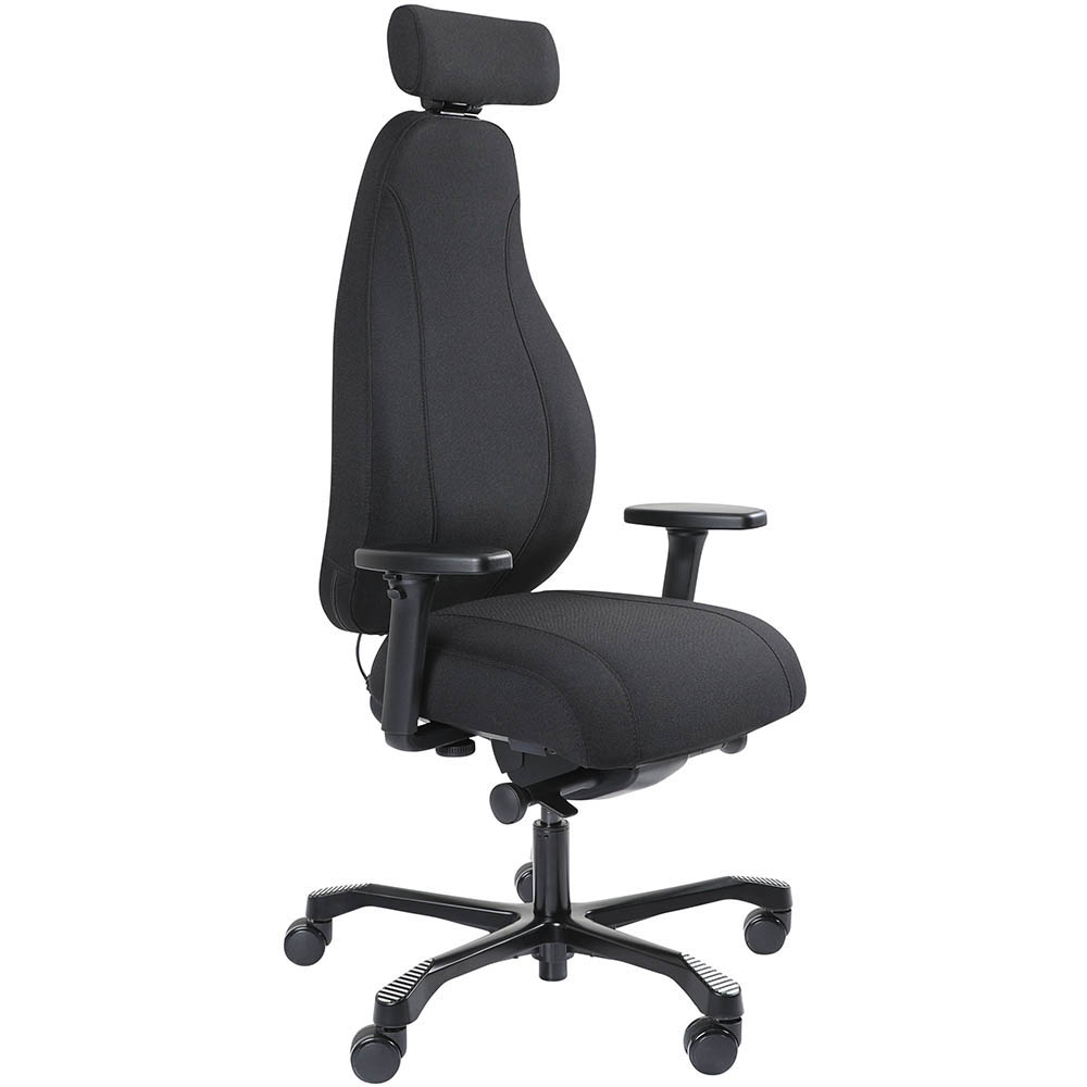 SERATI SUPPORT HIGH BACK CHAIR PRO-CONTROL SYNCHRO 3-D HEADREST ADJUSTABLE ARMREST BLACK ALUMINIUM BASE FOOTPLATES GABRIEL BLACK FABRIC