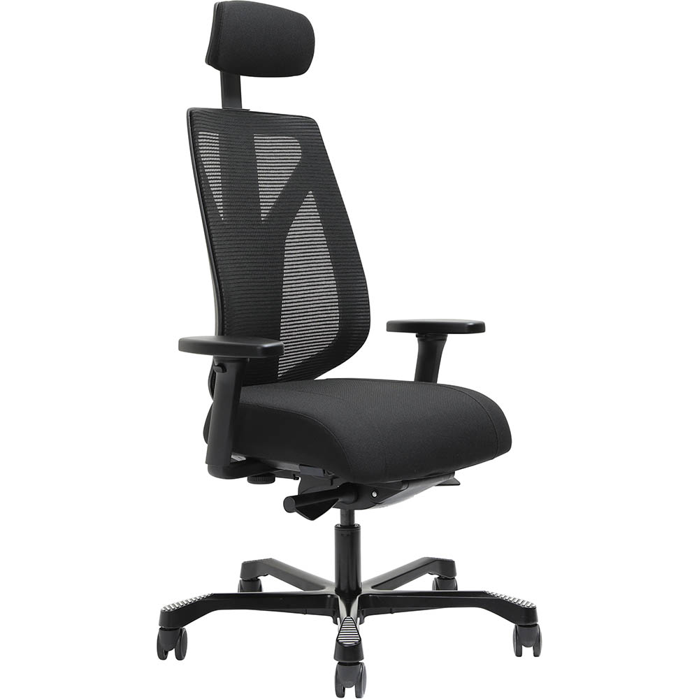 SERATI HIGH MESH BACK CHAIR BODY-WEIGHT SYNCHRO 2-D HEADREST ADJUSTABLE ARMRESTS BLACK ALUMINIUM BASE POLISHED FOOTPLATES GABRIEL FIGHTER BLACK FABRIC