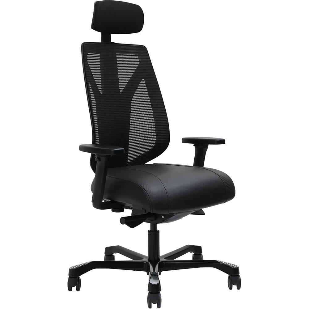 SERATI MESH HIGH BACK CHAIR BODY-WEIGHT SYNCHRO 2-D HEADREST ADJUSTABLE ARMRESTS BLACK ALUMINIUM BASE POLISHED FOOTPLATE NEO BLACK LEATHER
