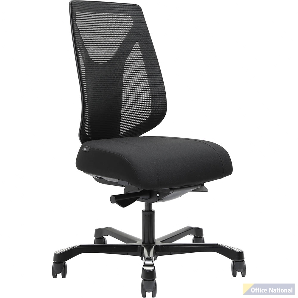 SERATI MESH HIGH BACK CHAIR BLACK ALUMINIUM BASE FOOTPLATES GABRIEL FIGHTER BLACK FABRIC