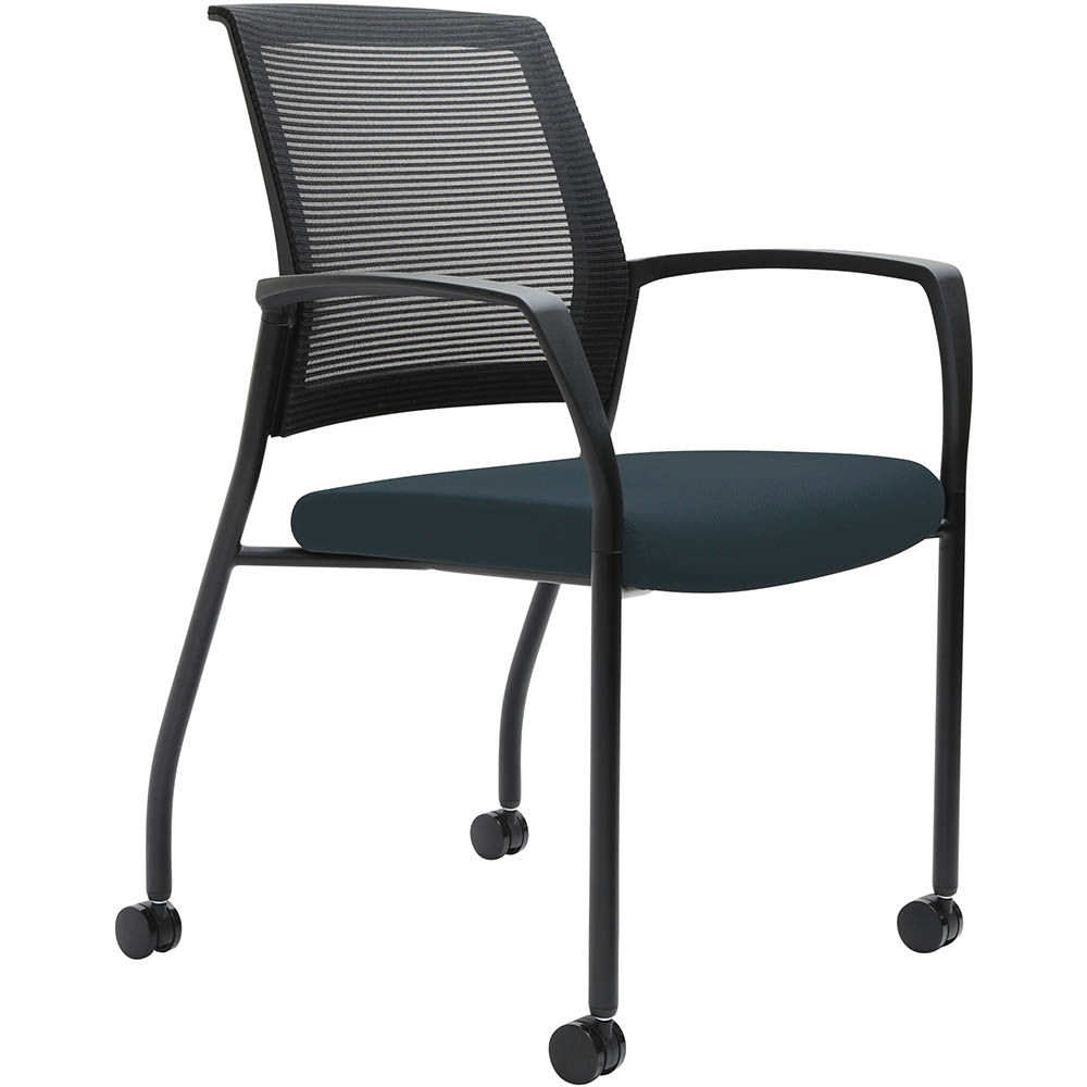 URBIN 4 LEG MESH BACK ARMCHAIR CASTORS BLACK FRAME DENIM SEAT