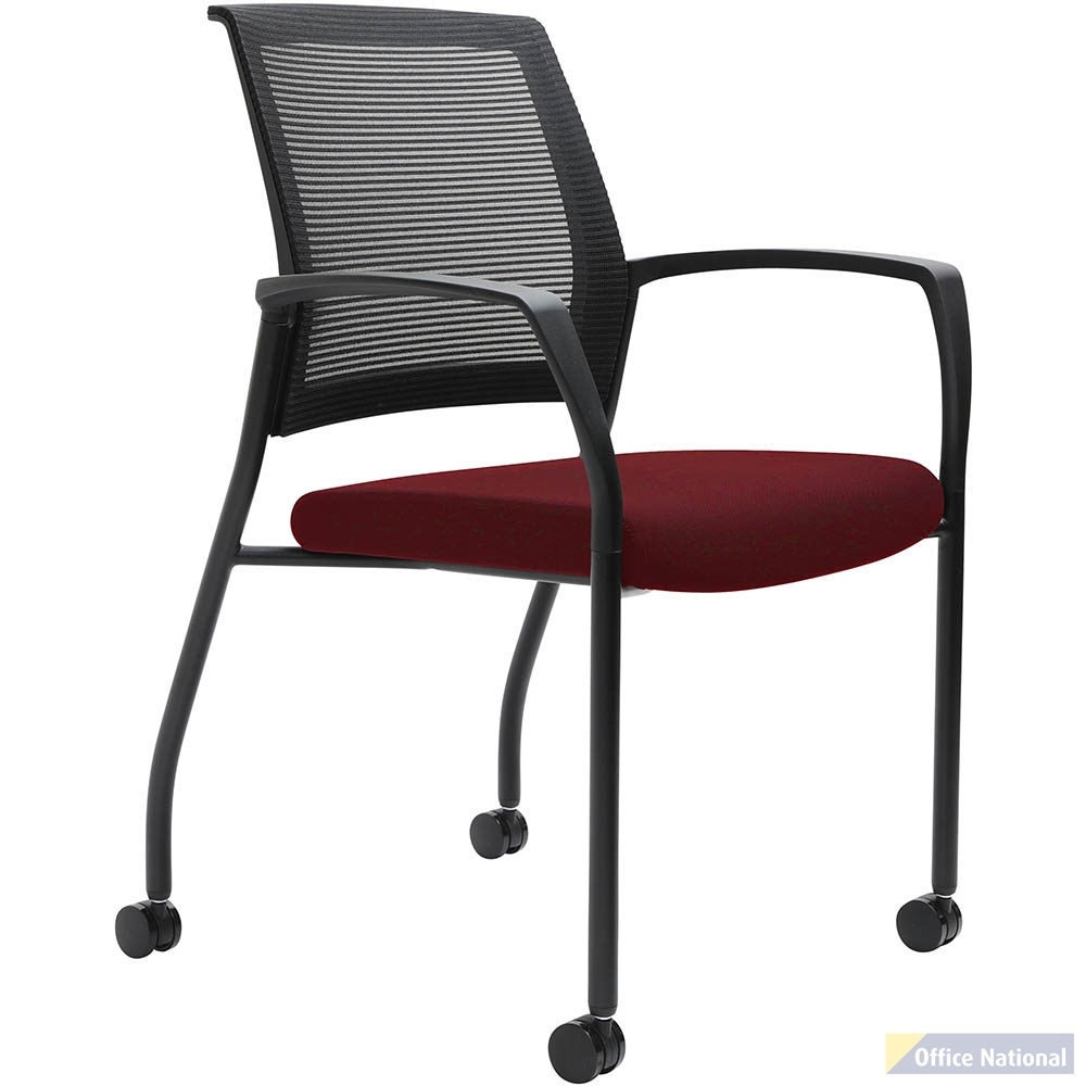 URBIN 4 LEG MESH BACK ARMCHAIR CASTORS BLACK FRAME SCARLET SEAT