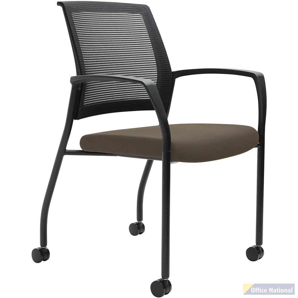 URBIN 4 LEG MESH BACK ARMCHAIR CASTORS BLACK FRAME CHOCOLATE SEAT