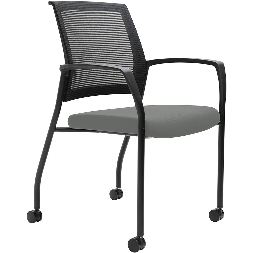 URBIN 4 LEG MESH BACK ARMCHAIR CASTORS BLACK FRAME STEEL SEAT