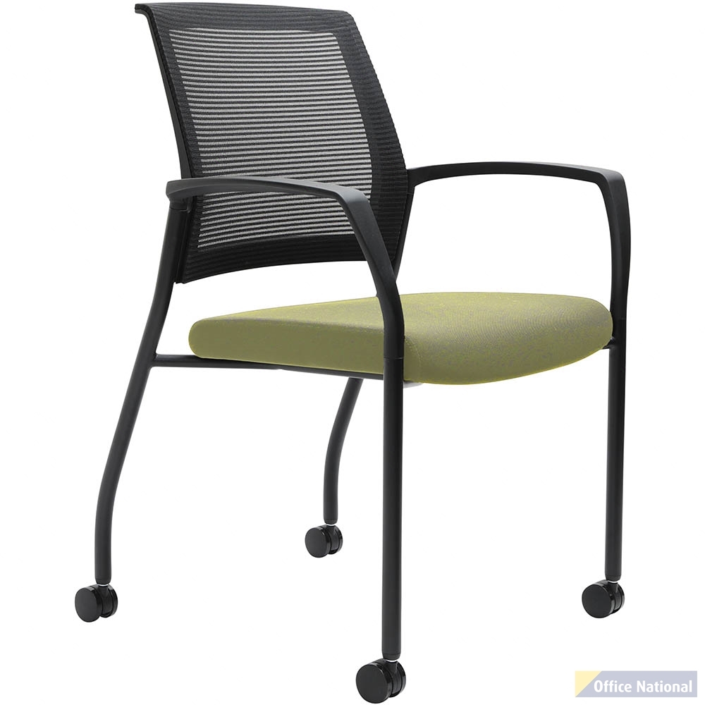 URBIN 4 LEG MESH BACK ARMCHAIR CASTORS BLACK FRAME APPLE SEAT