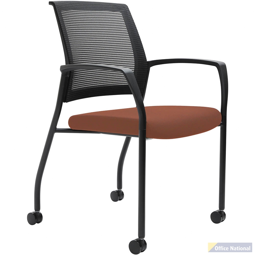 URBIN 4 LEG MESH BACK ARMCHAIR CASTORS BLACK FRAME BRICK SEAT