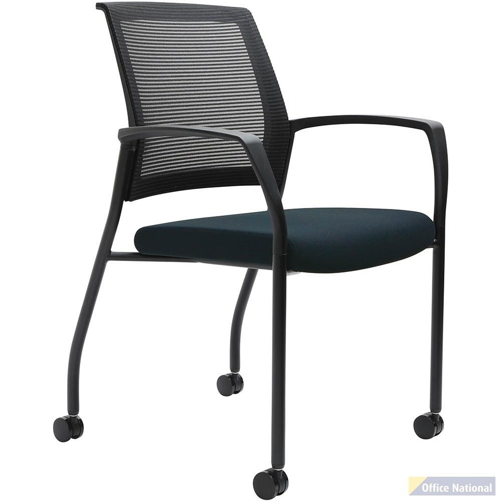 URBIN 4 LEG MESH BACK ARMCHAIR CASTORS BLACK FRAME NAVY SEAT