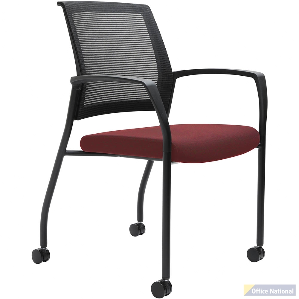 URBIN 4 LEG MESH BACK ARMCHAIR CASTORS BLACK FRAME POMEGRANITE SEAT