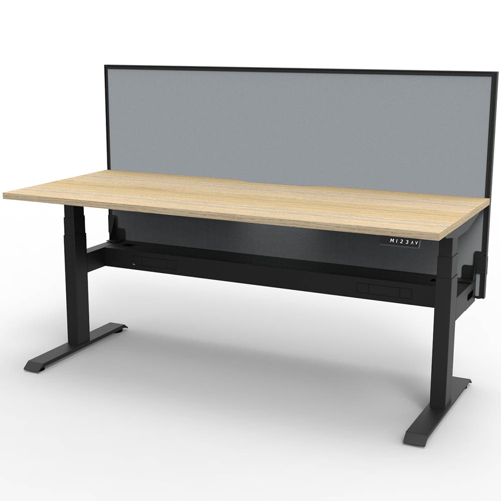 RAPIDLINE BOOST PLUS HEIGHT ADJUSTABLE SINGLE SIDED WORKSTATION WITH SCREEN / CABLE TRAY 1200 X 750MM NATURAL OAK TOP / BLACK FRAME / GREY SCREEN