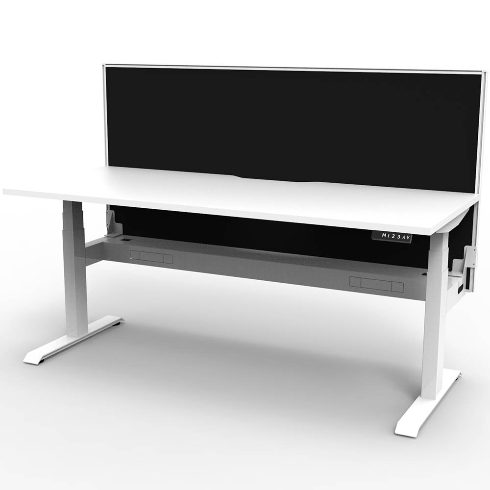 RAPIDLINE BOOST PLUS HEIGHT ADJUSTABLE SINGLE SIDED WORKSTATION WITH SCREEN / CABLE TRAY 1200 X 750MM NATURAL WHITE TOP / WHITE FRAME / BLACK SCREEN