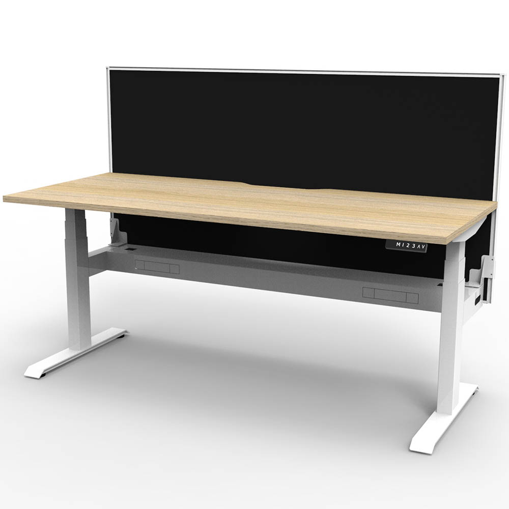 RAPIDLINE BOOST PLUS HEIGHT ADJUSTABLE SINGLE SIDED WORKSTATION WITH SCREEN / CABLE TRAY 1500 X 750MM NATURAL OAK TOP / WHITE FRAME / BLACK SCREEN