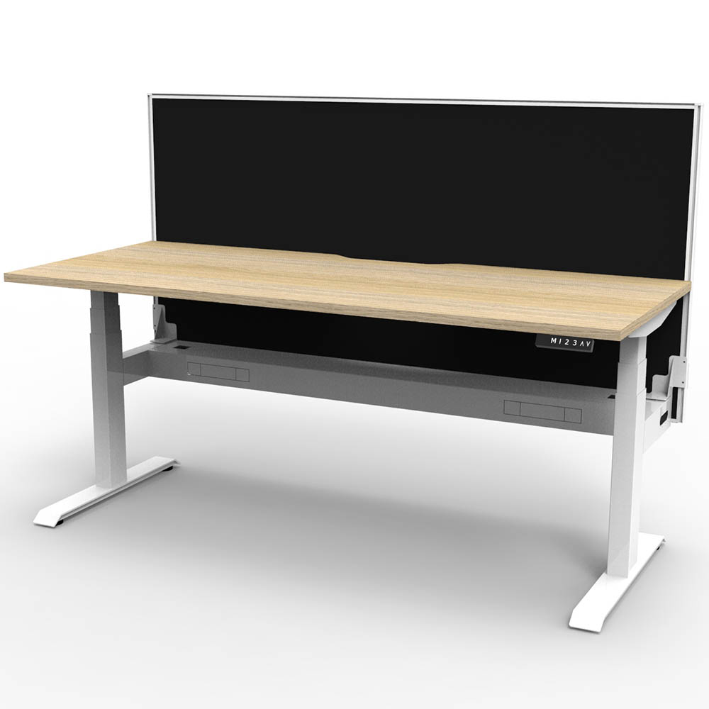 RAPIDLINE BOOST PLUS HEIGHT ADJUSTABLE SINGLE SIDED WORKSTATION WITH SCREEN / CABLE TRAY 1800 X 750MM NATURAL OAK TOP / WHITE FRAME / BLACK SCREEN