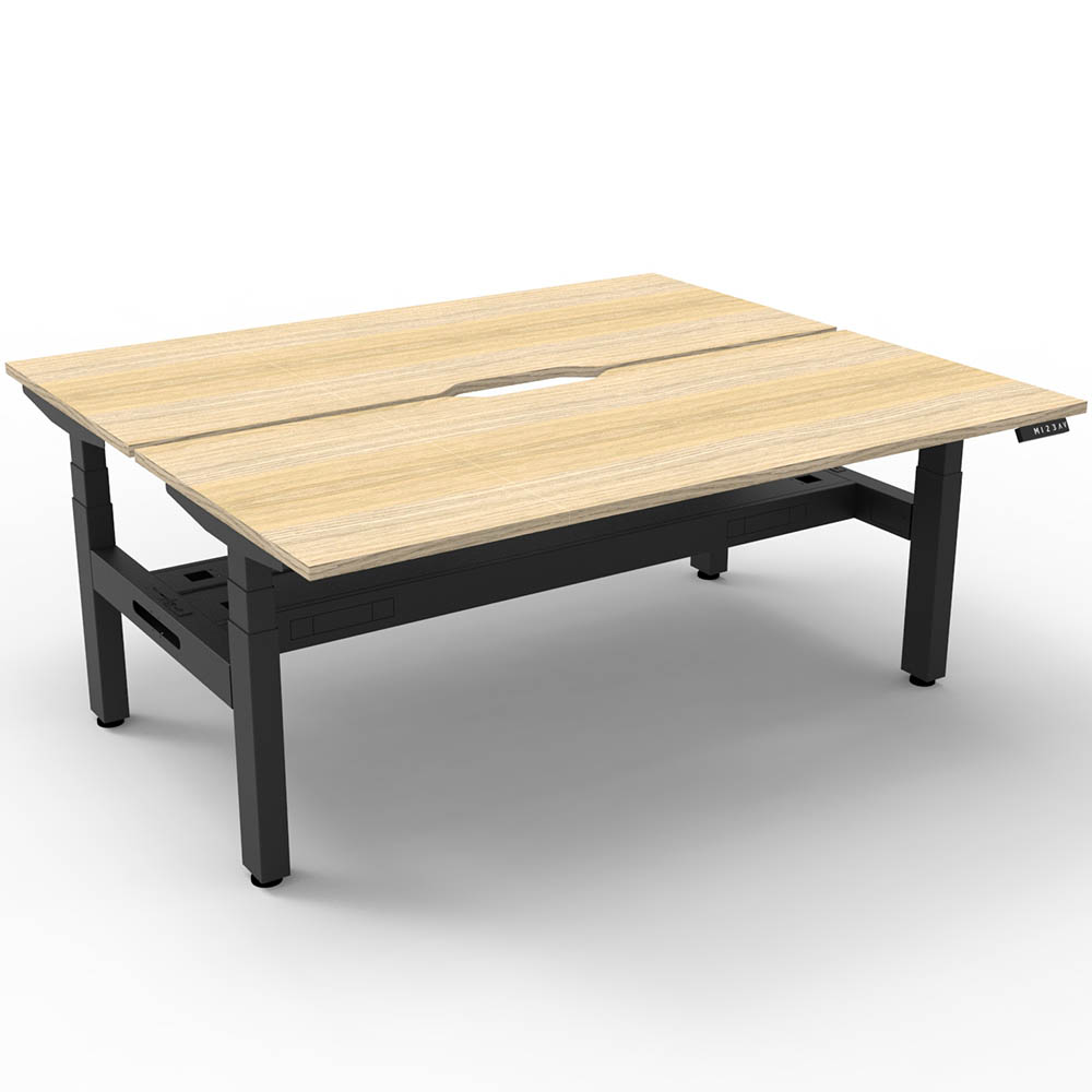 RAPIDLINE BOOST PLUS HEIGHT ADJUSTABLE DOUBLE SIDED WORKSTATION WITH CABLE TRAY 1500 X 750MM NATURAL OAK TOP / BLACK FRAME