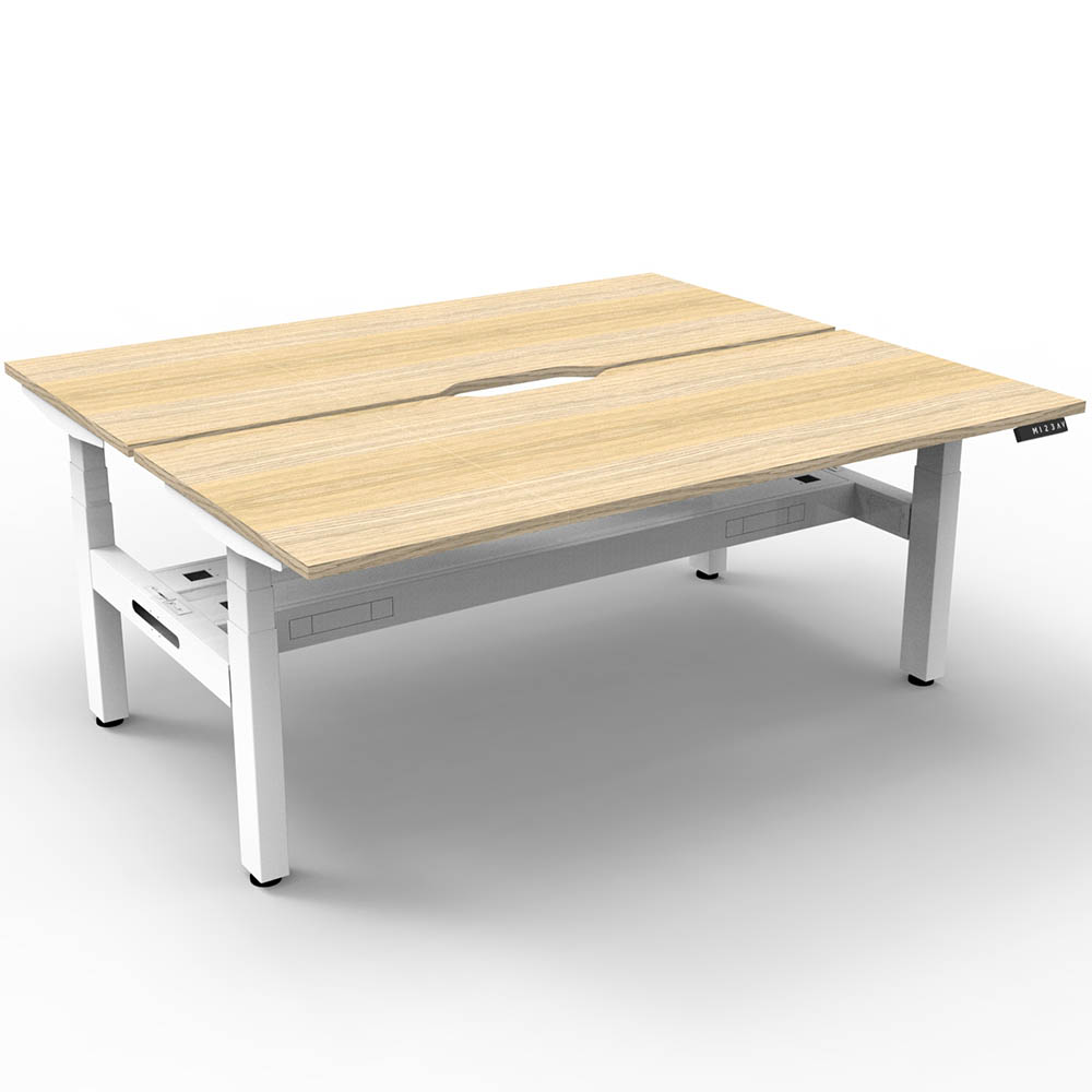 RAPIDLINE BOOST PLUS HEIGHT ADJUSTABLE DOUBLE SIDED WORKSTATION WITH CABLE TRAY 1500 X 750MM NATURAL OAK TOP / WHITE FRAME