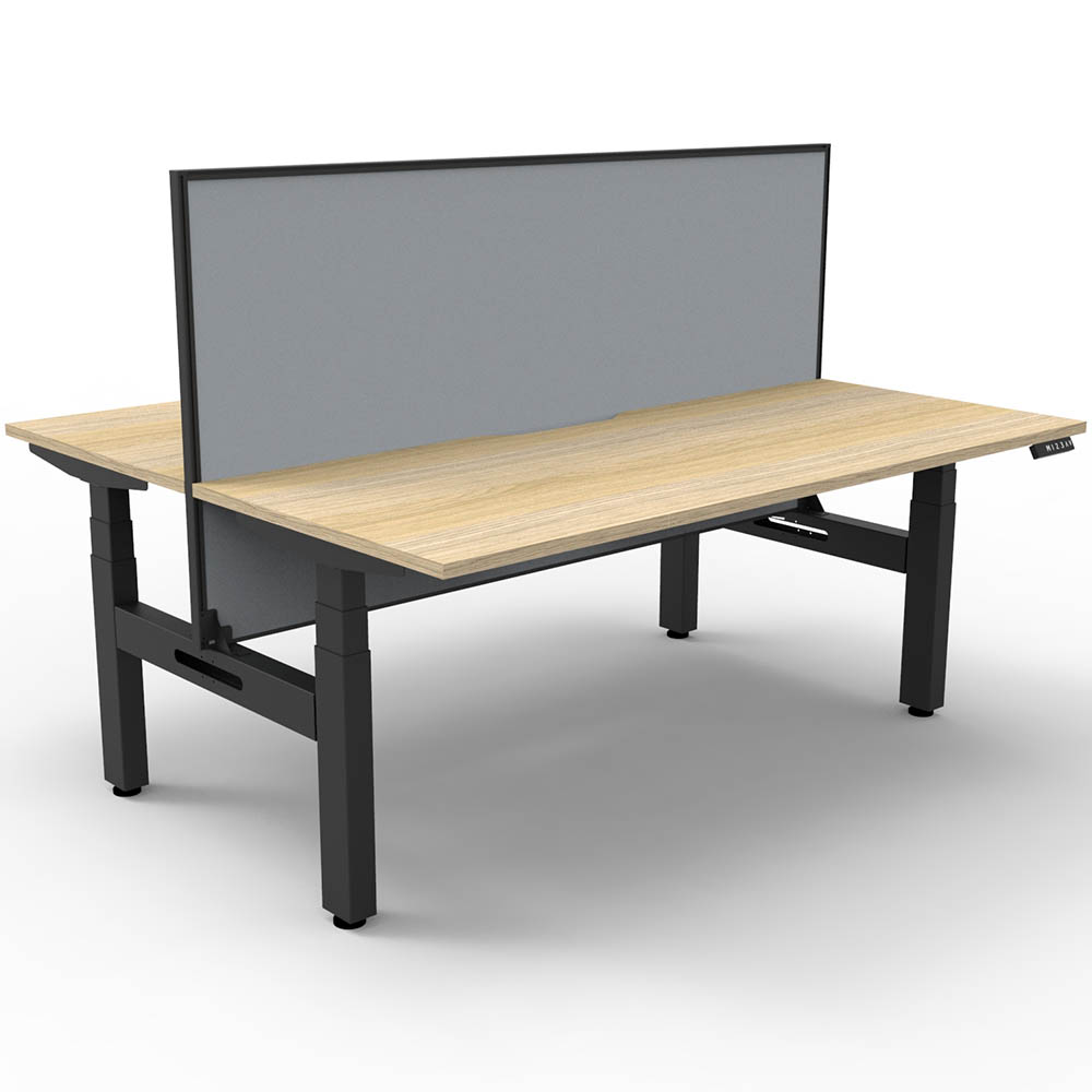 RAPIDLINE BOOST PLUS HEIGHT ADJUSTABLE DOUBLE SIDED WORKSTATION WITH SCREEN 1500 X 750MM NATURAL OAK TOP / BLACK FRAME / GREY SCREEN
