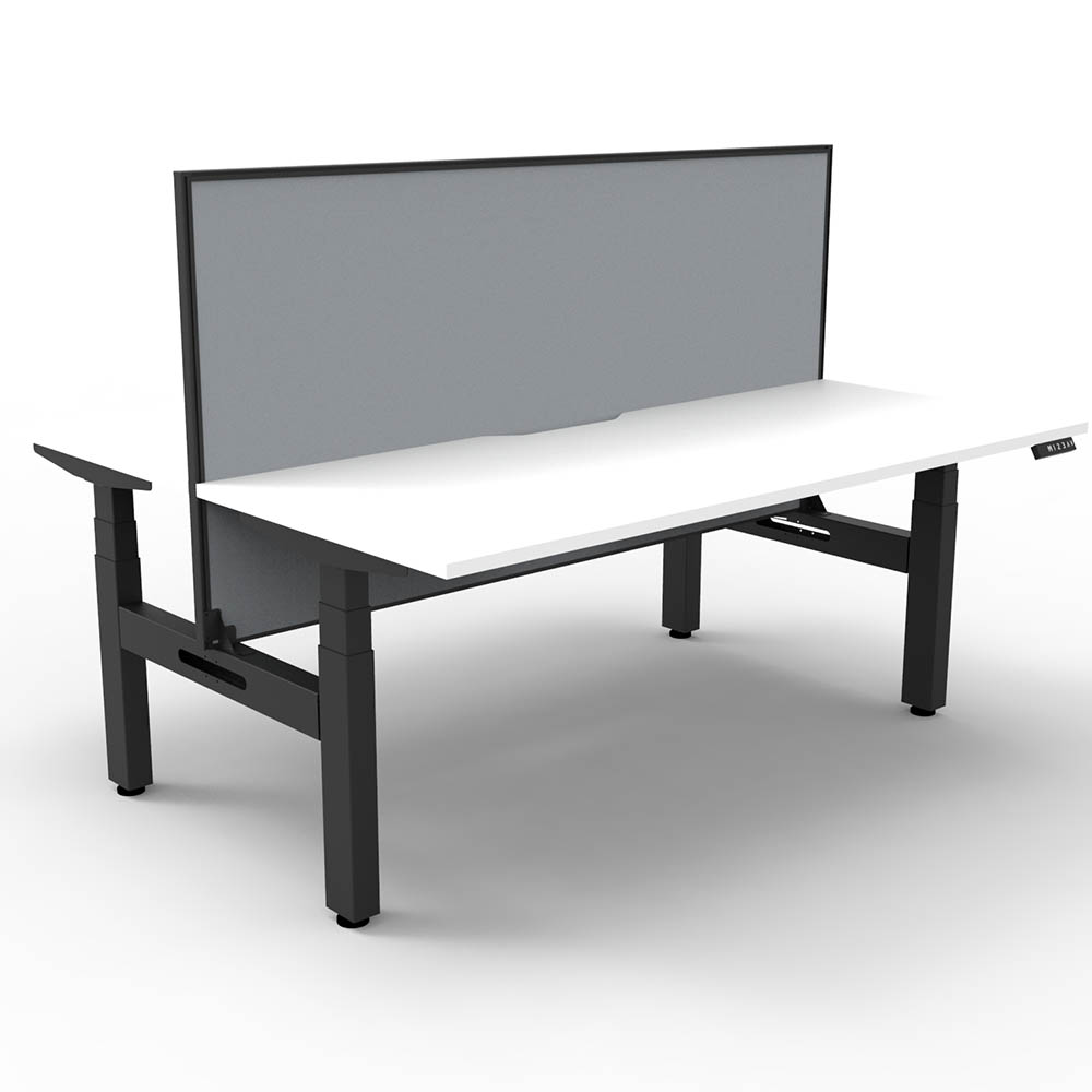 RAPIDLINE BOOST PLUS HEIGHT ADJUSTABLE DOUBLE SIDED WORKSTATION WITH SCREEN 1500 X 750MM NATURAL WHITE TOP / BLACK FRAME / GREY SCREEN