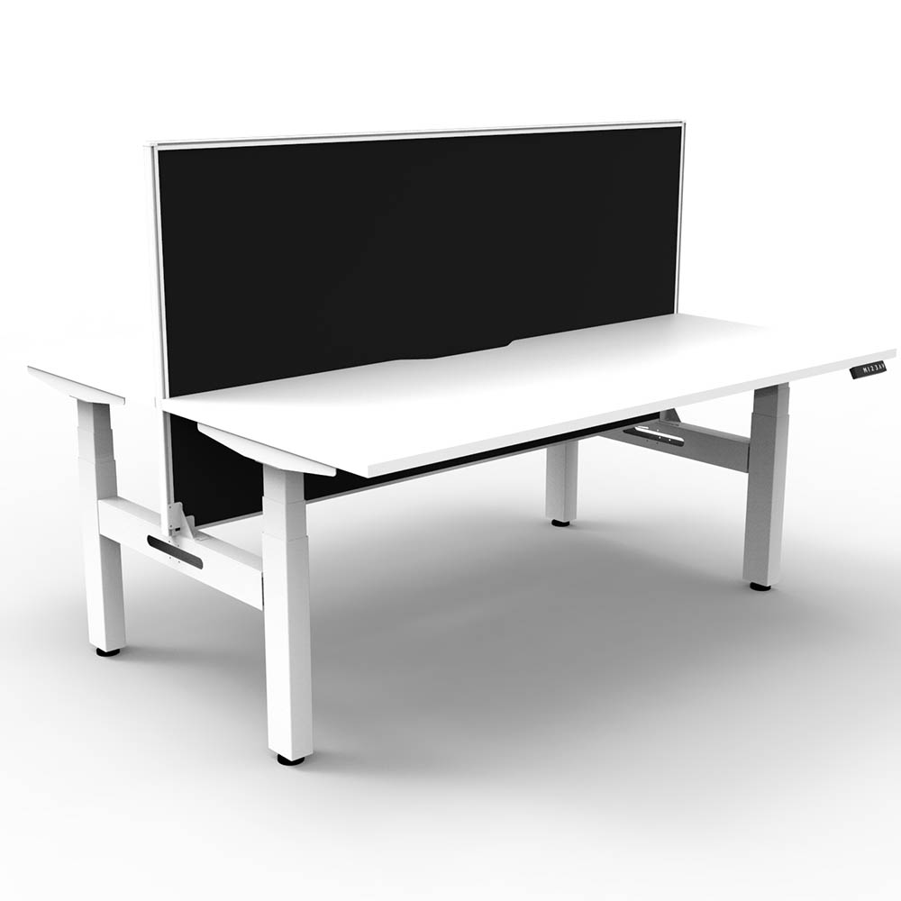 RAPIDLINE BOOST PLUS HEIGHT ADJUSTABLE DOUBLE SIDED WORKSTATION WITH SCREEN 1500 X 750MM NATURAL WHITE TOP / WHITE FRAME / BLACK SCREEN
