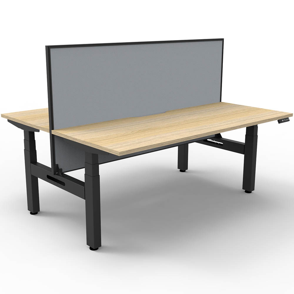 RAPIDLINE BOOST PLUS HEIGHT ADJUSTABLE DOUBLE SIDED WORKSTATION WITH SCREEN 1800 X 750MM NATURAL OAK TOP / BLACK FRAME / GREY SCREEN