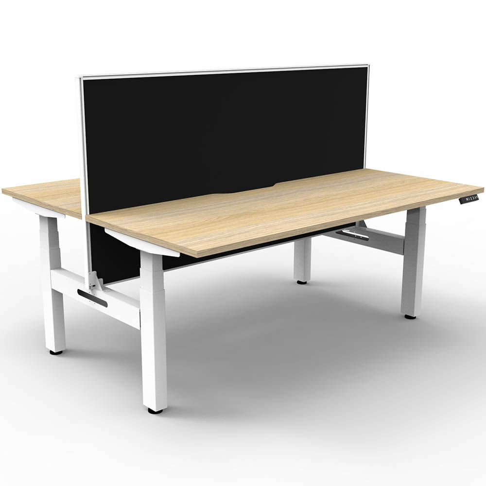 RAPIDLINE BOOST PLUS HEIGHT ADJUSTABLE DOUBLE SIDED WORKSTATION WITH SCREEN 1800 X 750MM NATURAL OAK TOP / WHITE FRAME / BLACK SCREEN