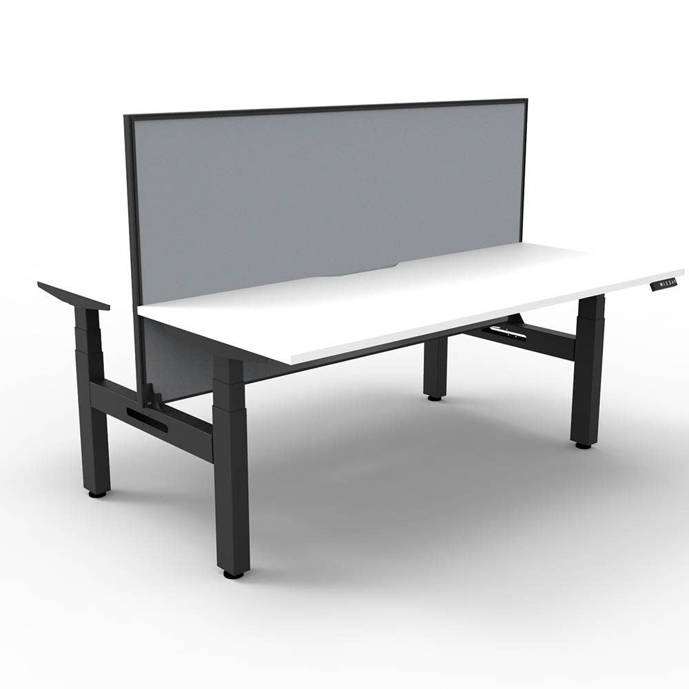 RAPIDLINE BOOST PLUS HEIGHT ADJUSTABLE DOUBLE SIDED WORKSTATION WITH SCREEN 1800 X 750MM NATURAL WHITE TOP / BLACK FRAME / GREY SCREEN