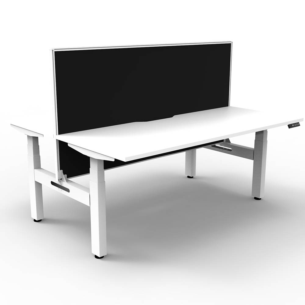 RAPIDLINE BOOST PLUS HEIGHT ADJUSTABLE DOUBLE SIDED WORKSTATION WITH SCREEN 1800 X 750MM NATURAL WHITE TOP / WHITE FRAME / BLACK SCREEN