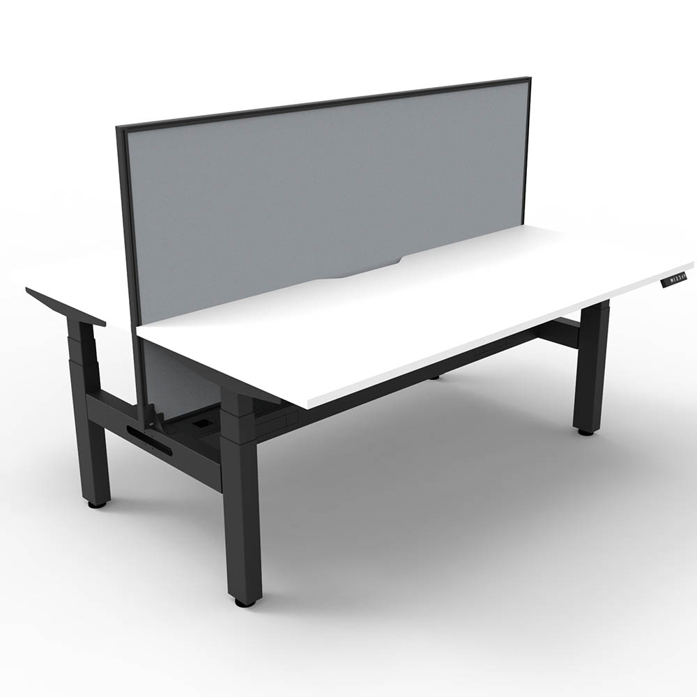 RAPIDLINE BOOST PLUS HEIGHT ADJUSTABLE DOUBLE SIDED WORKSTATION WITH SCREEN / CABLE TRAY 1200 X 750MM NATURAL WHITE TOP / BLACK FRAME / GREY SCREEN