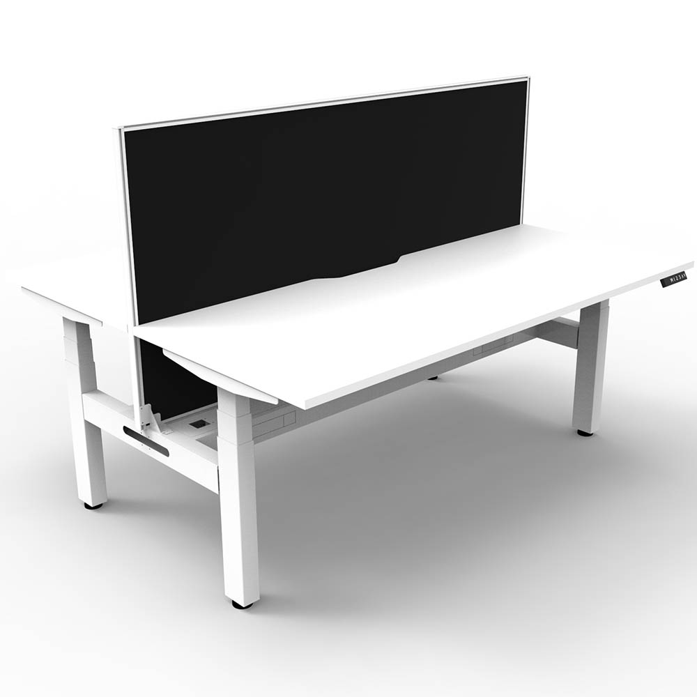 RAPIDLINE BOOST PLUS HEIGHT ADJUSTABLE DOUBLE SIDED WORKSTATION WITH SCREEN / CABLE TRAY 1200 X 750MM NATURAL WHITE TOP / WHITE FRAME / BLACK SCREEN