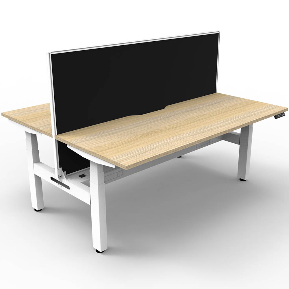 RAPIDLINE BOOST PLUS HEIGHT ADJUSTABLE DOUBLE SIDED WORKSTATION WITH SCREEN / CABLE TRAY 1500 X 750MM NATURAL OAK TOP / WHITE FRAME / BLACK SCREEN