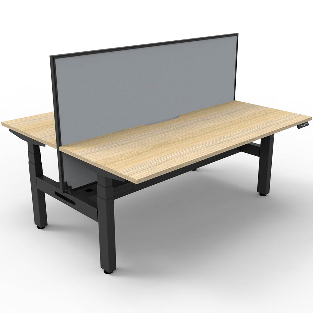 RAPIDLINE BOOST PLUS HEIGHT ADJUSTABLE DOUBLE SIDED WORKSTATION WITH SCREEN / CABLE TRAY 1800 X 750MM NATURAL OAK TOP / BLACK FRAME / GREY SCREEN