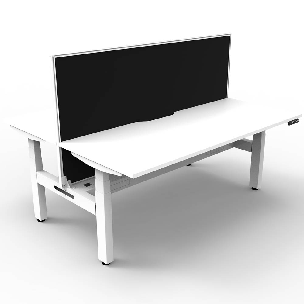 RAPIDLINE BOOST PLUS HEIGHT ADJUSTABLE DOUBLE SIDED WORKSTATION WITH SCREEN / CABLE TRAY 1800 X 750MM NATURAL WHITE TOP / WHITE FRAME / BLACK SCREEN