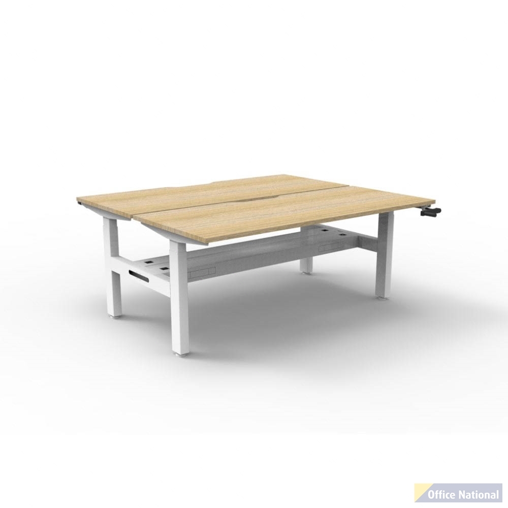 RAPIDLINE BOOST CRANK BACK TO BACK WORKSTATION WITH CABLE TRAY 1200 X 1500 X 705MM NATURAL OAK TOP AND WHITE SATIN FRAME