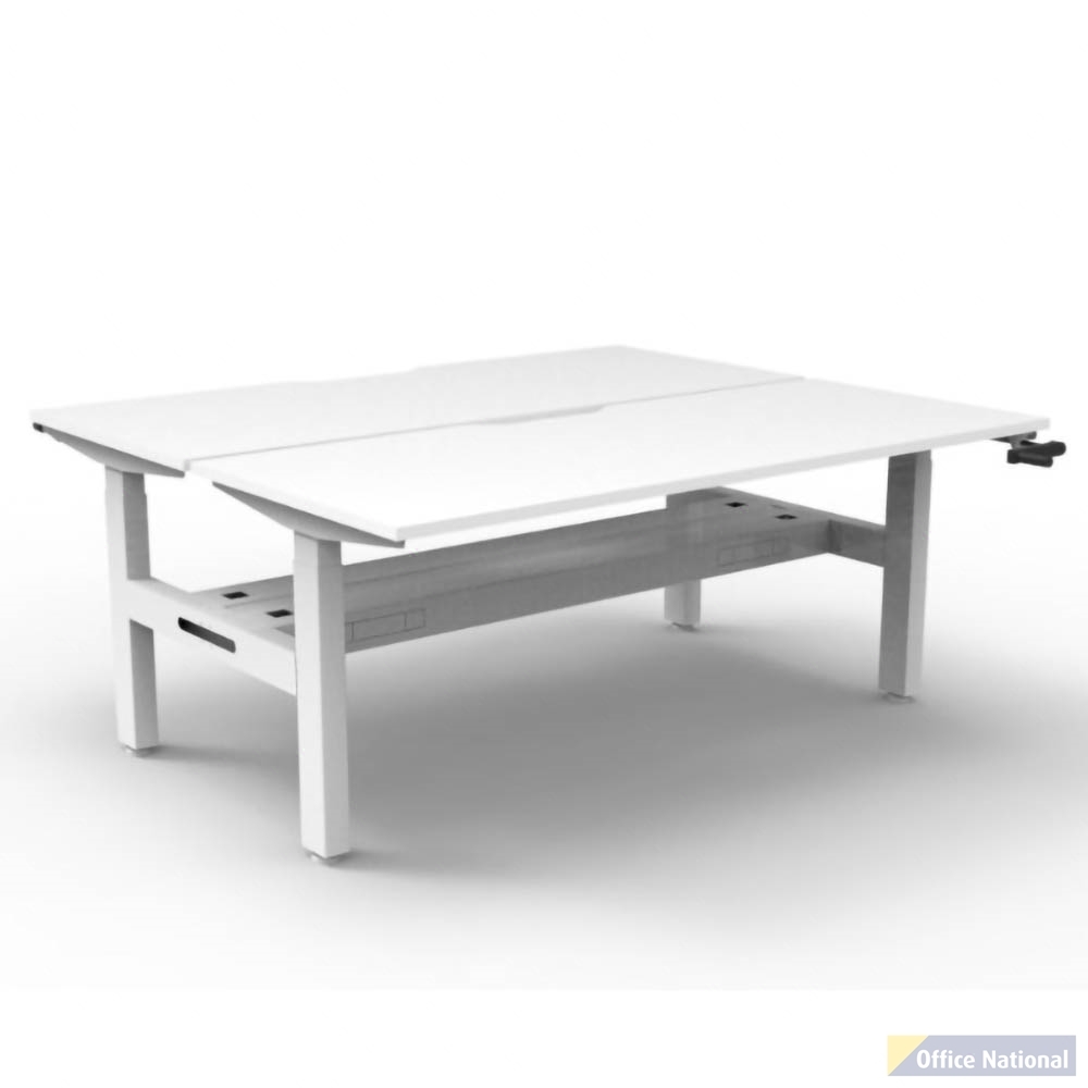 RAPIDLINE BOOST CRANK BACK TO BACK WORKSTATION WITH CABLE TRAY 1200 X 1500 X 705MM NATURAL WHITE TOP AND WHITE SATIN FRAME
