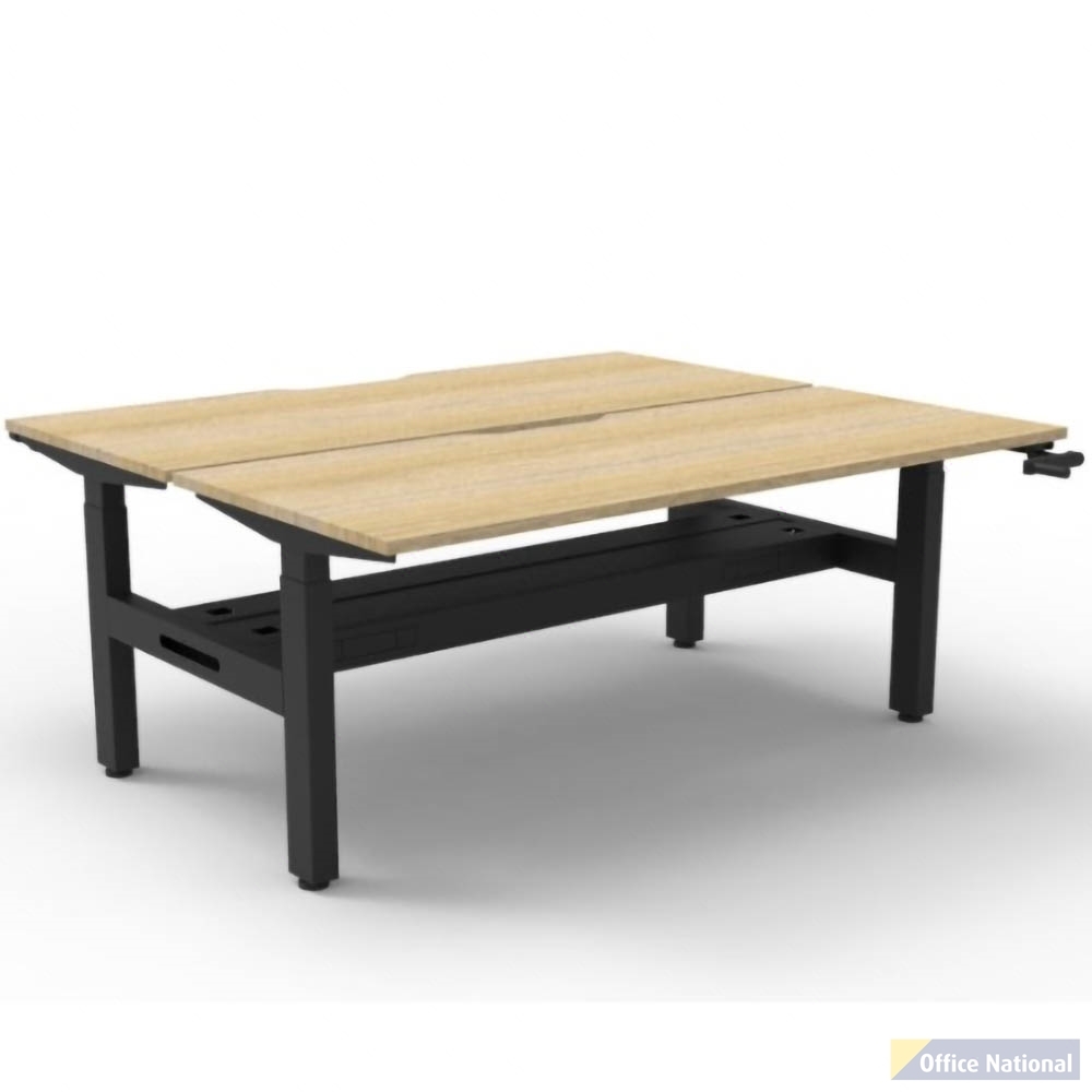 RAPIDLINE BOOST CRANK BACK TO BACK WORKSTATION WITH CABLE TRAY 1500 X 1500 X 705MM NATURAL OAK TOP AND BLACK SATIN FRAME